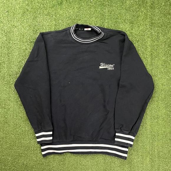 Vintage Sweaters - Vintage Navy Crewneck Sweater with White Stripe Trim